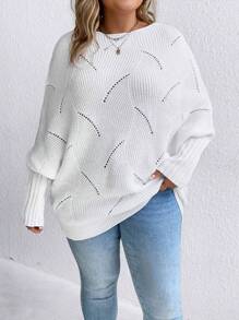 SHEIN LUNE Plus Batwing Sleeve Pointelle Knit Sweater - White - View 1