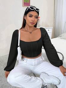 Flirla Plus Square Neck Lantern Sleeve Crop Top - Black - View 7