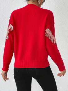 SHEIN Essnce Sequin Fringe Trim Drop Shoulder Sweater - Red - View 2