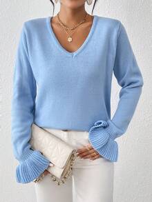 Chiquease Solid Flare Sleeve V Neck Sweater - Blue - View 3