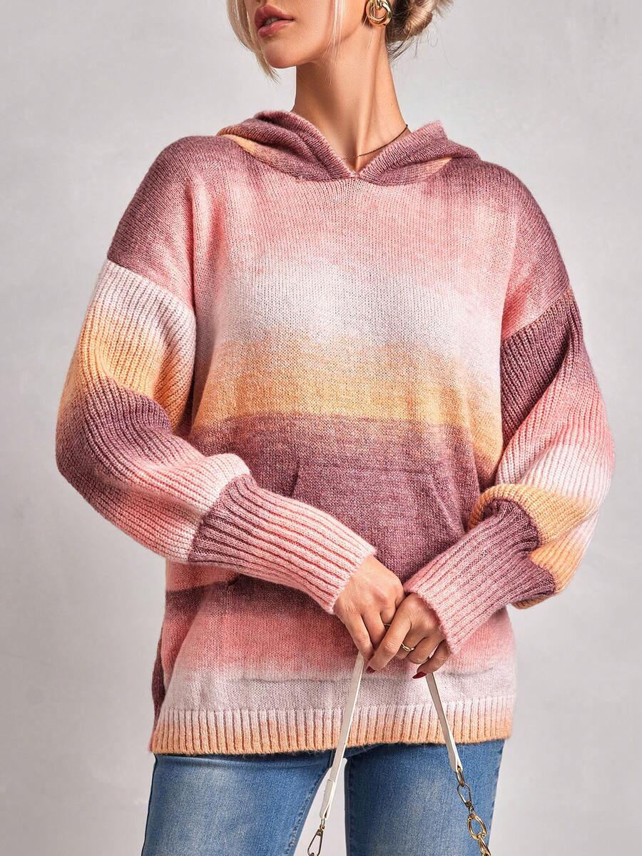 EURMUSE Ombre Drop Shoulder Hooded Sweater - Pink - View 1