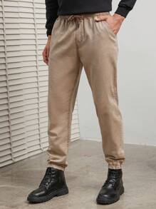 SHEIN Cottnline Men Solid Drawstring Waist Slant Pocket Pants - بني - مشاهدة 1