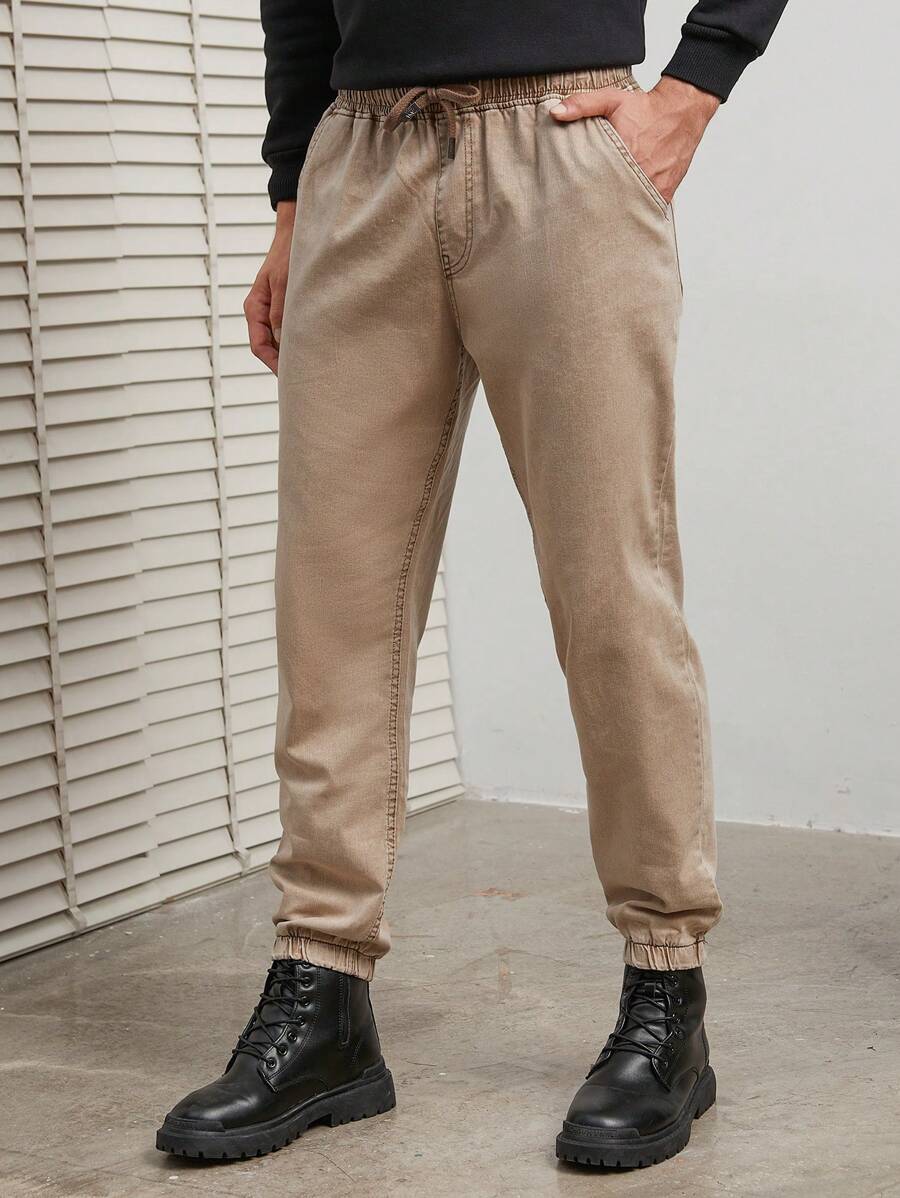 SHEIN Cottnline Men Solid Drawstring Waist Slant Pocket Pants - بني - مشاهدة 1
