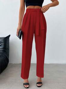 EURMUSE Women's Belted Straight Leg Pants - Red - View 3