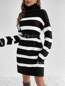 SHEIN Frenchy Striped & Heart Pattern Turtleneck Drop Shoulder Sweater Dress - Black and White - View 4