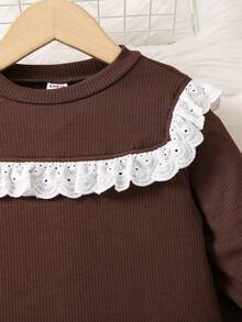 SHEIN Young Girl Eyelet Embroidery Ruffle Trim Tee & Flare Leg Pants - Brown - View 4