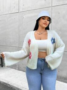 Flirla 大码花卉贴片落肩开衫 - 白色 - 查看 3