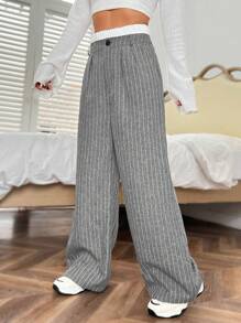 SHEIN EZwear 灰色梭織條紋寬褲女式西裝褲 - 灰色 - 查看 5