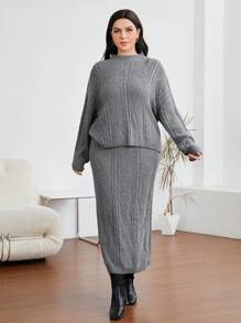 Mulvari Plus Cable Knit Drop Shoulder Sweater & Knit Skirt - Grey - View 4