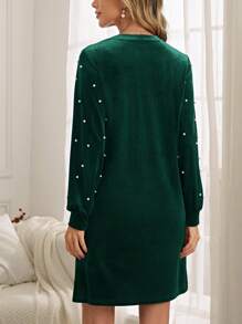 EMERY ROSE Pearls Beaded Lantern Sleeve Dress - Dark Green - View 2