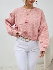 SHEIN Essnce Pearls Beaded Stereo Flower Drop Shoulder Sweater - Pink - View 4