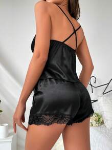 Women's Lace Cami And Shorts Pajama Set - Black - View 2