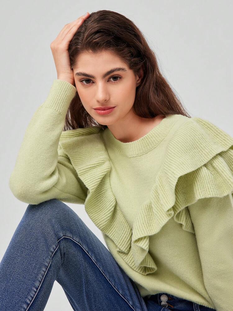 Ruffle Trim Solid Sweater