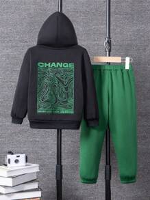 Young Boy Letter Graphic Hoodie & Sweatpants - Multicolor - View 1