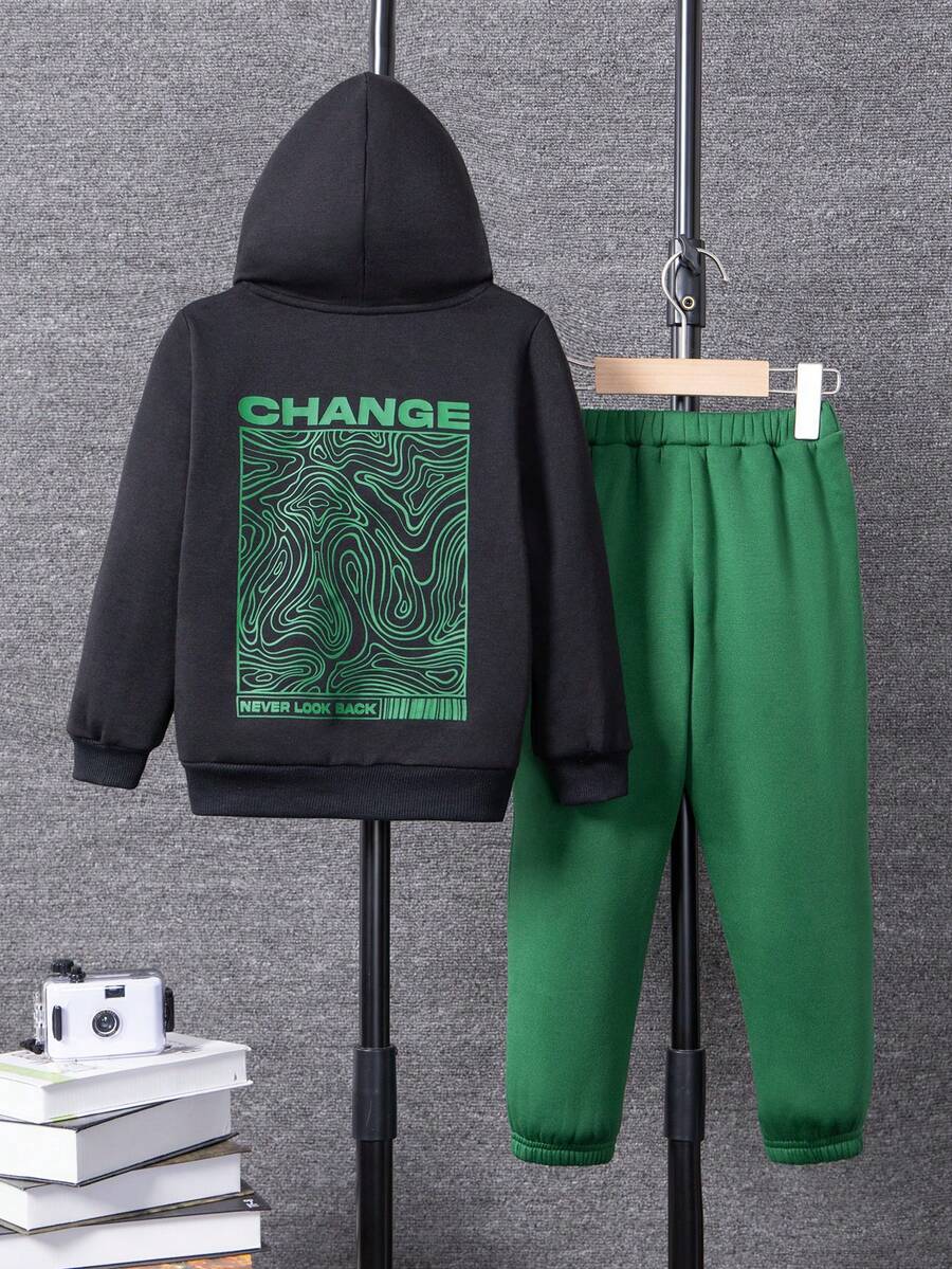 Young Boy Letter Graphic Hoodie & Sweatpants - Multicolor - View 1