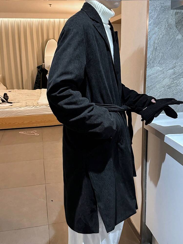 Loose Fit Men's Corduroy Coat With Open Front And Belt