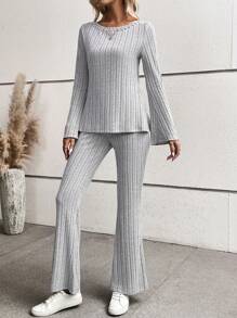 SHEIN LUNE Chất rắn Tay áo loe Áo thun & Quần ống loe - Xám - Xem 1