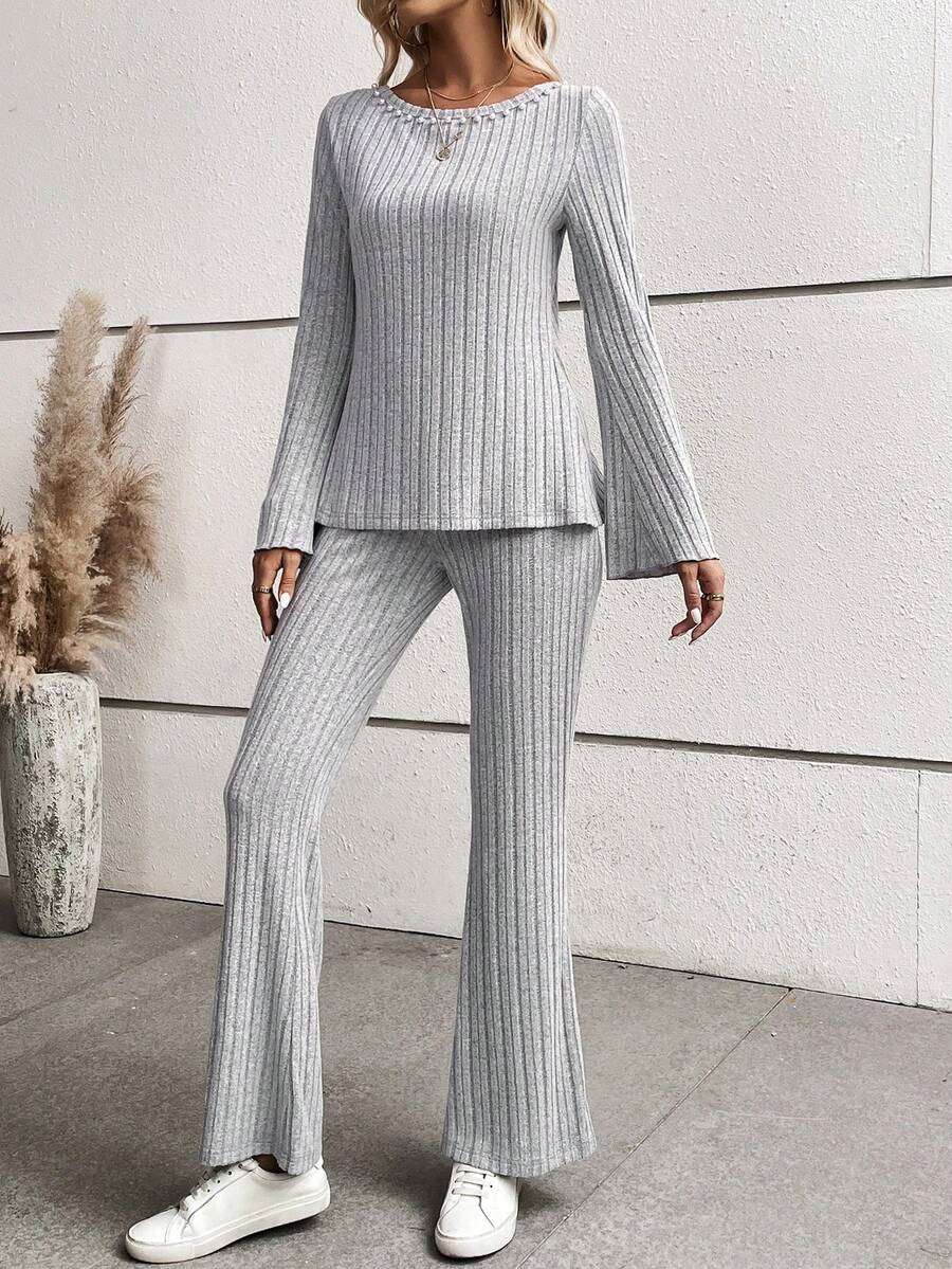 SHEIN LUNE Chất rắn Tay áo loe Áo thun & Quần ống loe - Xám - Xem 1