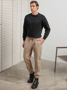 SHEIN Cottnline Men Solid Drawstring Waist Slant Pocket Pants - بني - مشاهدة 5