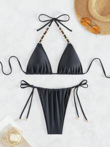 SHEIN Swim Ladies Detachable Neck Halter Bikini Set Summer - Black - View 5