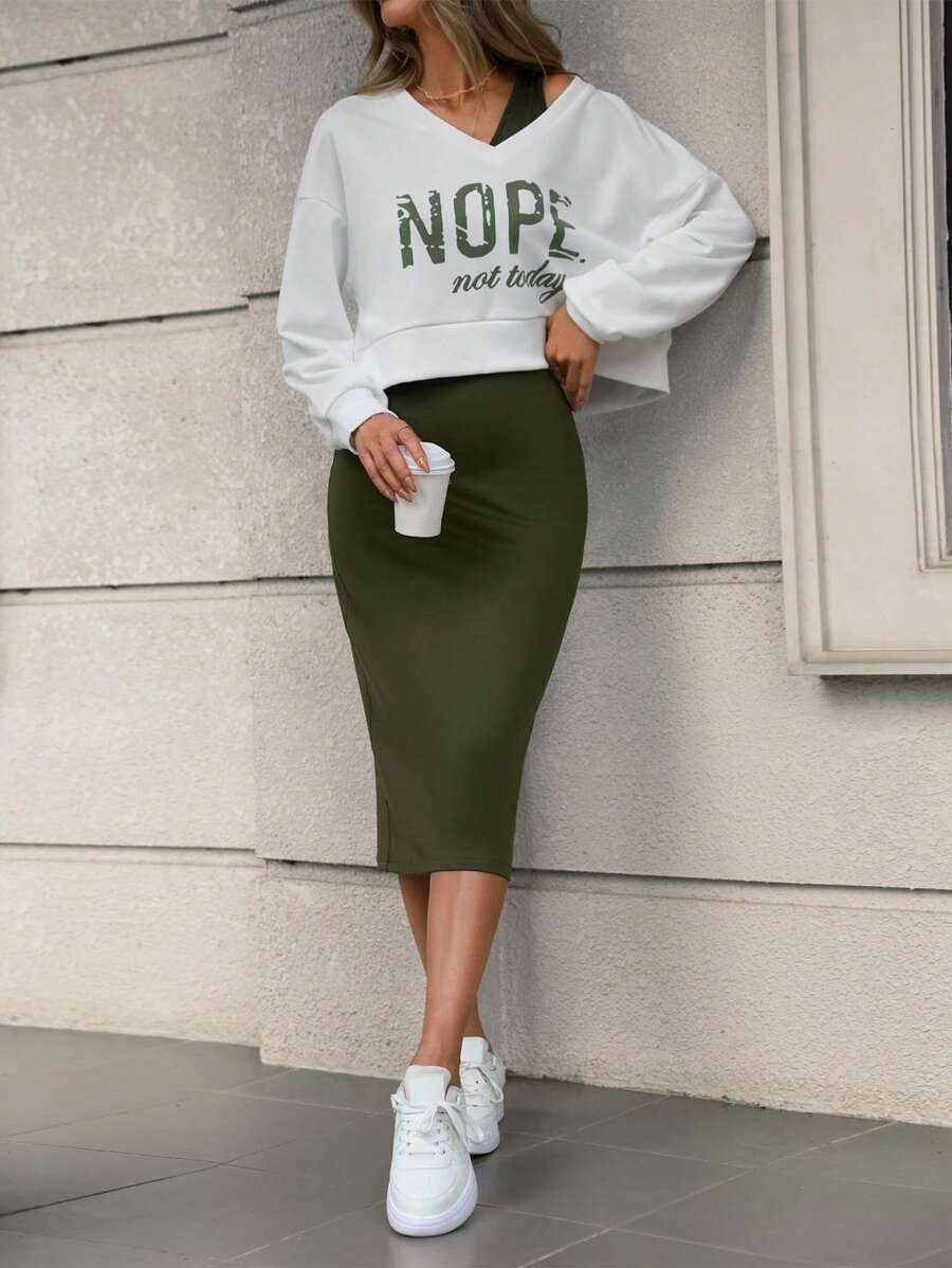 SHEIN LUNE Women's Drop Shoulder Sweatshirt And Sleeveless Dress Set With Letter Print - Green - View 1