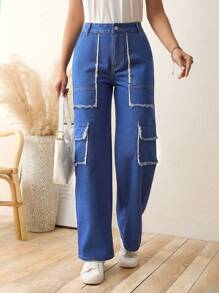 SHEIN LUNE Flap Pocket Side Cargo Jeans - Dark Wash - View 4