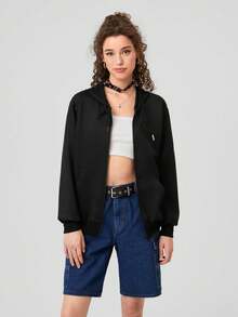 Forever 21 Women's Zipper Front Drawstring Hoodie - Black - View 4