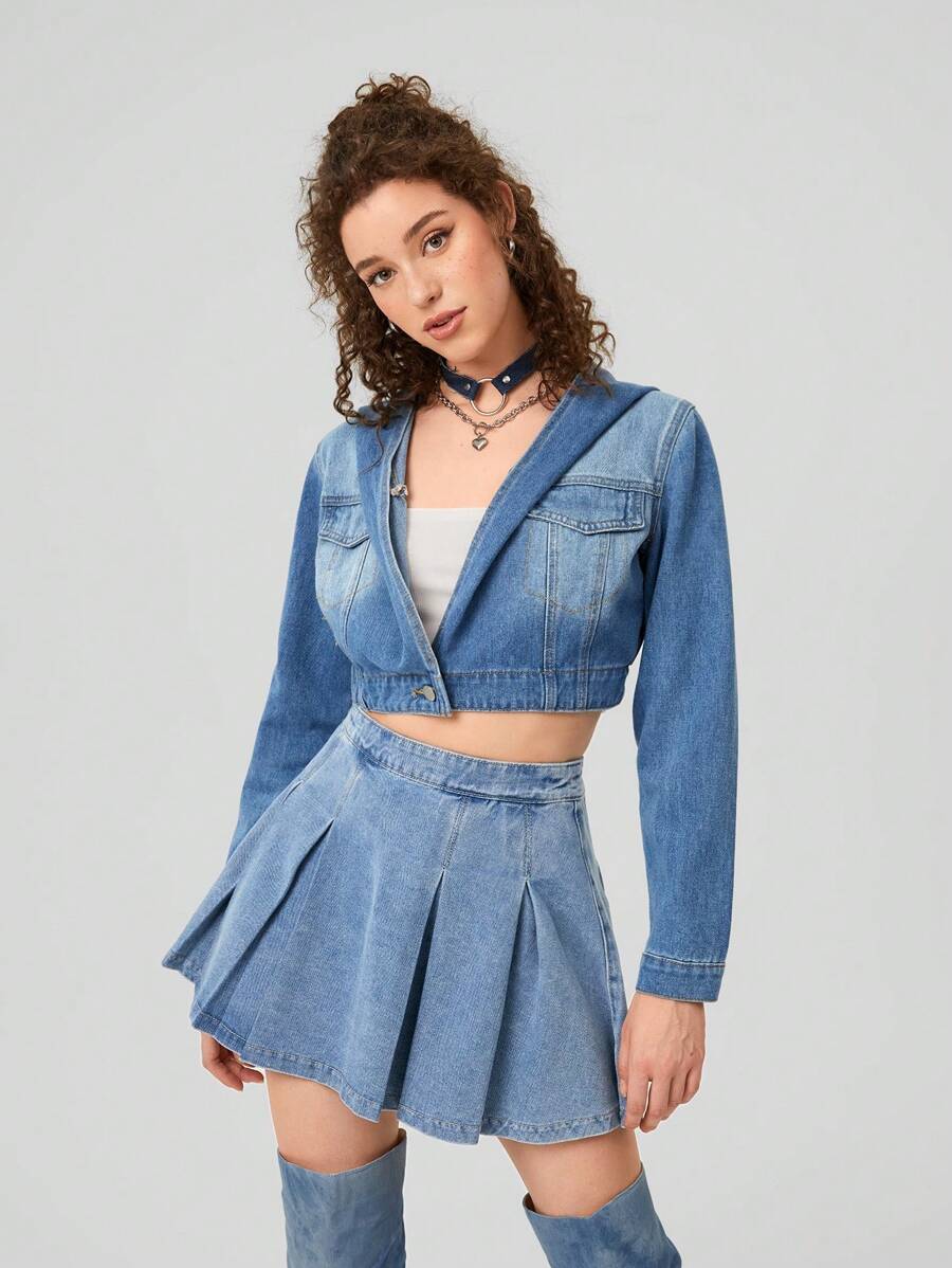Forever 21 1pc Hooded Short Denim Jacket - Medium Wash - View 1