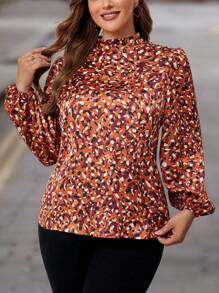 SHEIN Clasi Plus Allover Print Lantern Sleeve Blouse - Multicolor - View 1