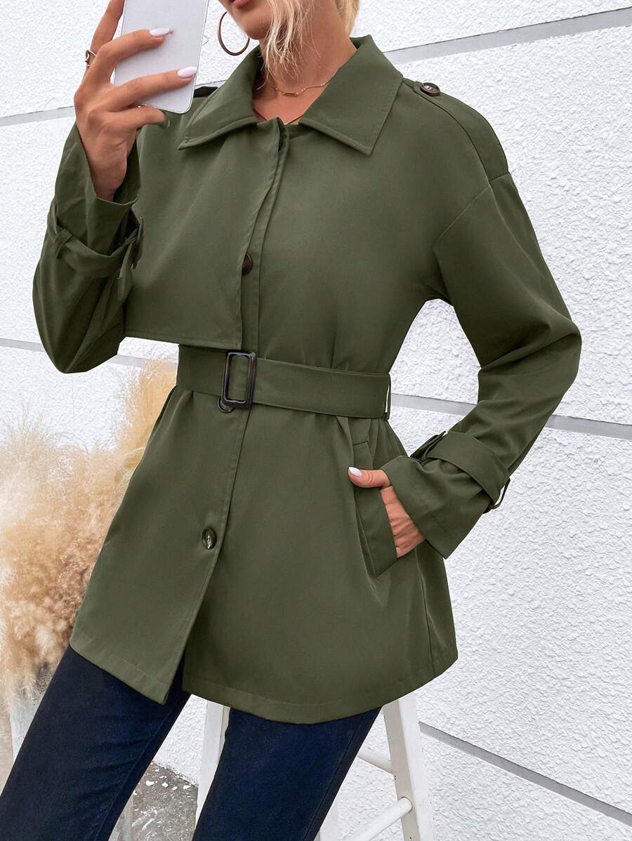 Chiquease Single Breasted Belted Trench Coat Fall Cloth For Women - Army Green - View 1