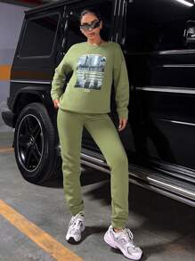 EURMUSE Slogan Graphic Drop Shoulder Thermal Sweatshirt & Sweatpants - Khaki - View 5