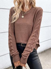 SHEIN LUNE Solid Cable Knit Sweater Knit Pullover Fall Winter Outfit - Coffee Brown - View 1