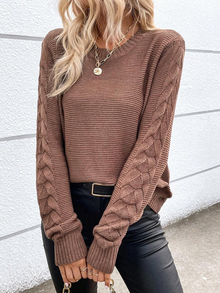 SHEIN LUNE Solid Cable Knit Sweater Knit Pullover Fall Winter Outfit - Coffee Brown - View 1