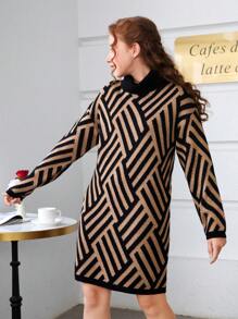 青少年女孩幾何圖案高領落肩袖毛衣洋裝不附腰帶