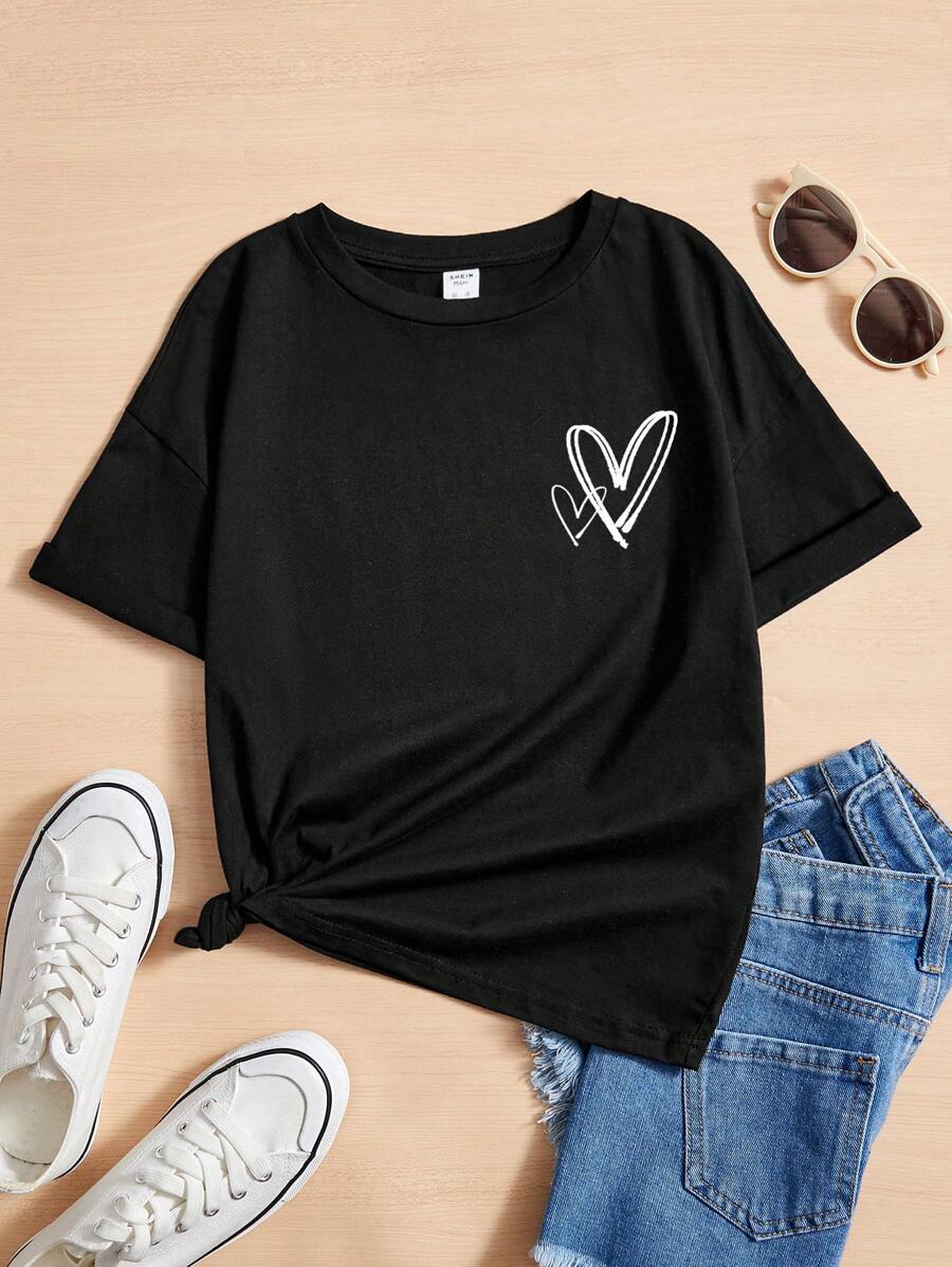 SHEIN Leap Crew 青少年女孩宽松休闲心形印花圆领短袖 T 恤 - 黑色 - 查看 1