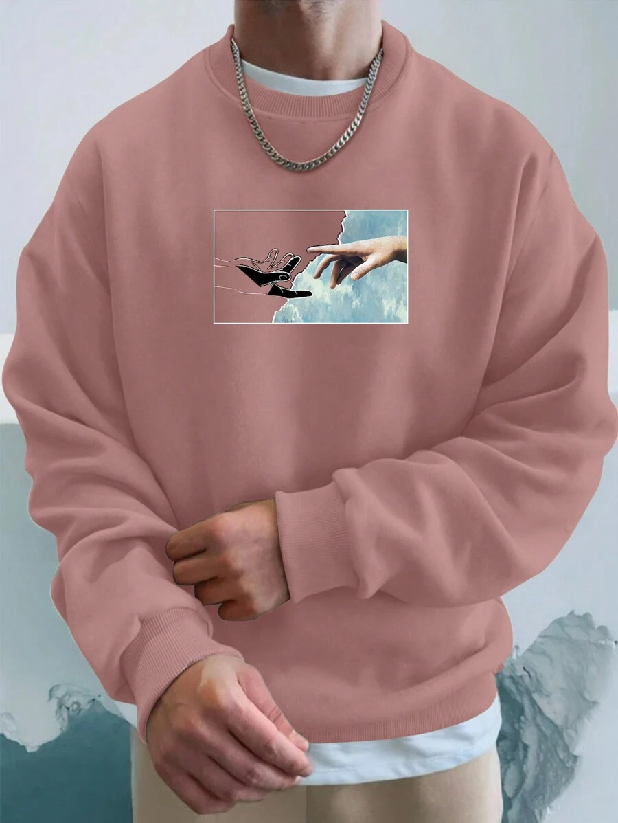 RueChic Men's Round-Neck Printed Oversized Sweatshirt - Pink - View 1