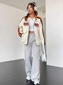 SHEIN EZwear 字母圖案拼接側邊接縫落肩袖拉鏈開襟夾克 - 白色 - 查看 3