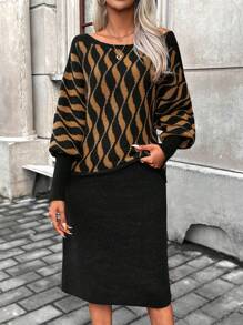 SHEIN Clasi Geo Pattern Batwing Sleeve Sweater & Knit Skirt Fall Cloth For Women - Black - View 6
