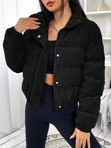 SHEIN EZwear Zip Up Snap Button Corduroy Padded Coat In Fall/Winter - Black - View 5