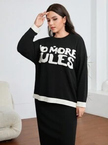 Mulvari Plus Letter Pattern Drop Shoulder Sweater & Knit Skirt - Black and White - View 3