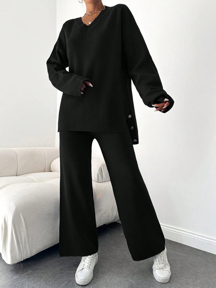 EURMUSE Sweater Two-piece Suit With Split Hem, Button Decoration, And Pants - Black - View 1