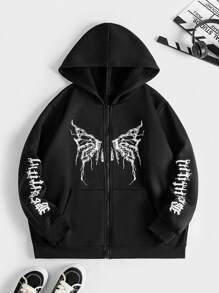 SHEIN Coolane 大碼蝴蝶和字母圖案拉鏈開襟加絨內裏連帽衫