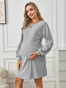 SHEIN Thai sản Đồ đan Ribbed Điều dưỡng Đầm - Xám - Xem 3