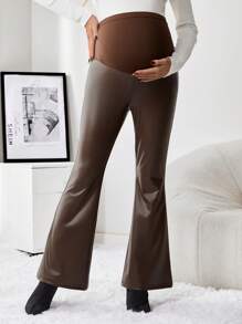 SHEIN Maternity Adjustable Waist Flare Leg PU Leather Pants, For Winter - Brown - View 5
