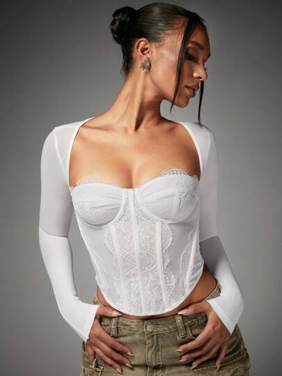 SHEIN BAE Top corto con panel de encaje en escote de corazón, diseño asimétrico y sexy con encaje en contraste, de manga regular con cordones, ajuste ceñido para mujer, color blanco liso, para primavera/otoño, atuendos de fiesta/discoteca