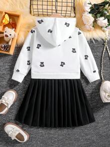 SHEIN Ragazzine Abito felpa con cappuccio con stampa orso orlo plissettato