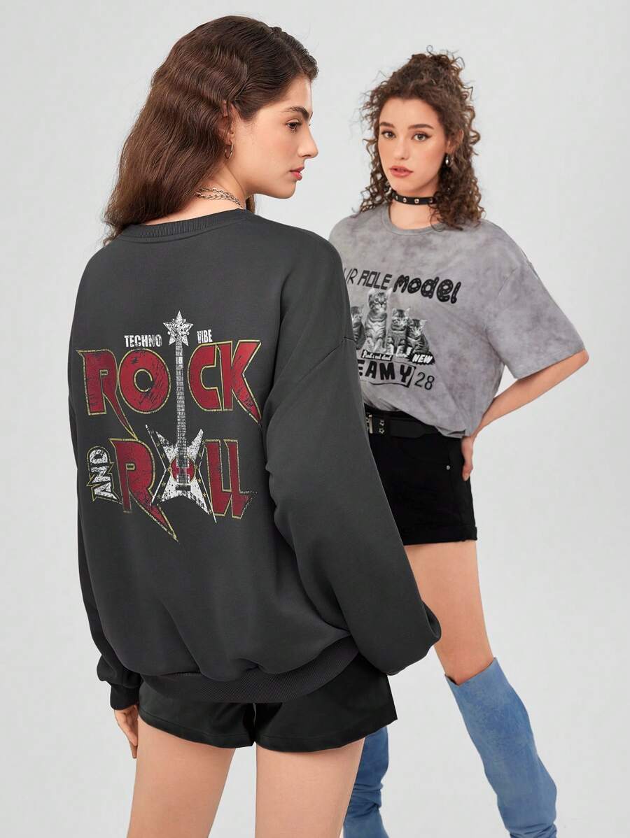 Forever 21 Women'S Letter Guitar Print Drop Shoulder Sweatshirt - Grey - View 1