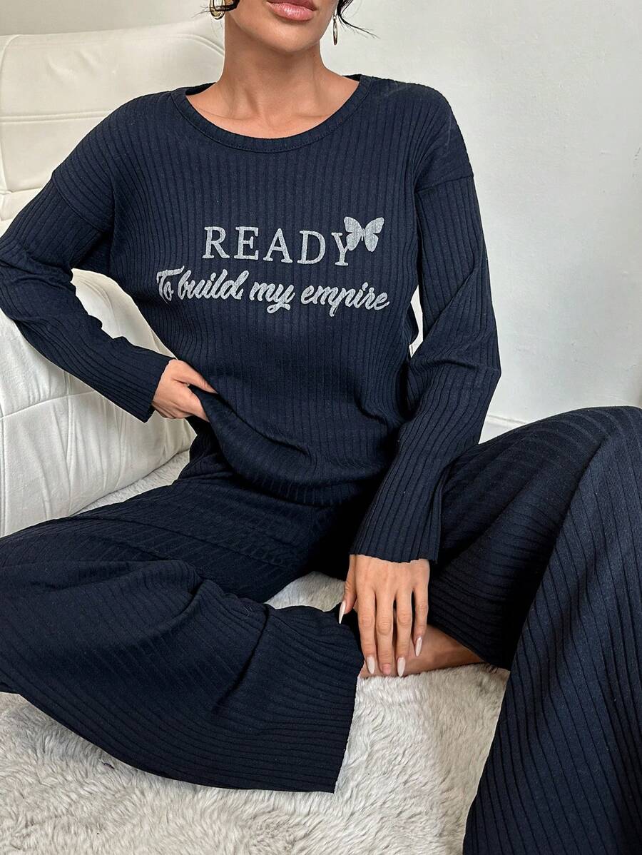 RueChic Slogan & Butterfly Print Drop Shoulder Tee & Wide Leg Pants Lounge Set - Black - View 1