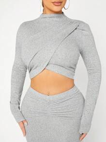 SHEIN SXY Mock Neck Cross Wrap Crop Tee & Ruched Skirt - Grey - View 5