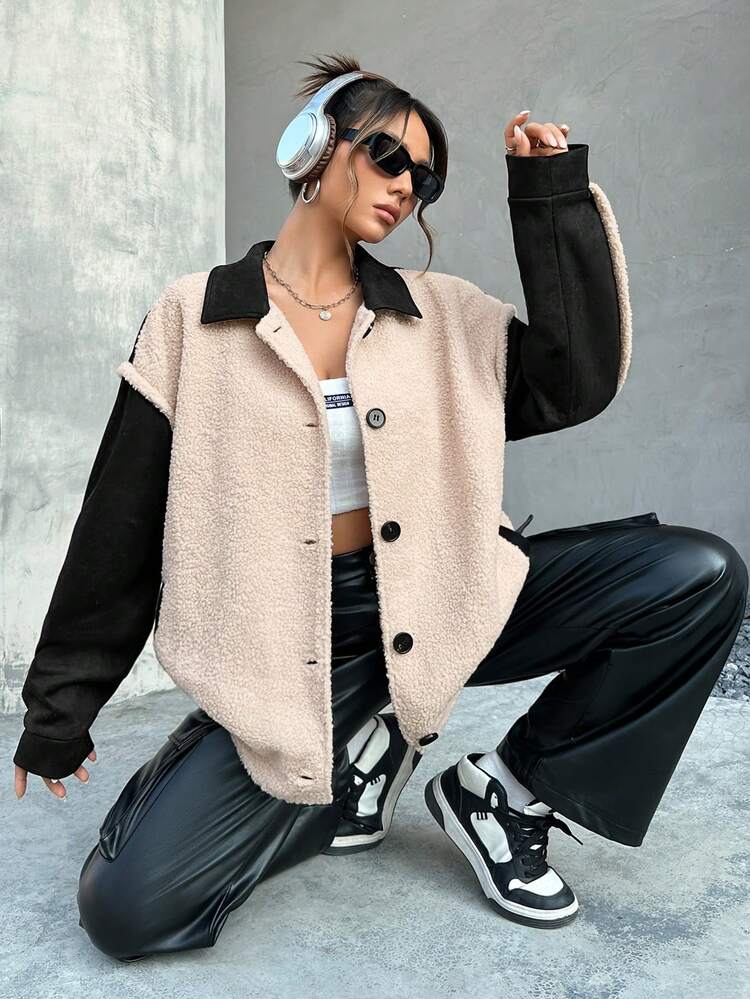Fleece Teddy Coat With Suede Color Block Design